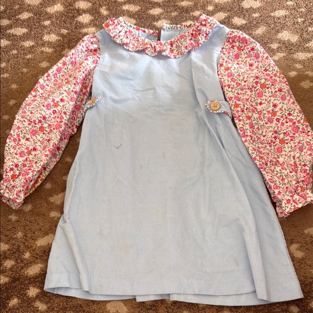 Girls Light Blue Pinafore Dress with Pink Floral Sleeves